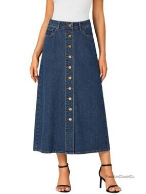 High Waisted A-Line Long Denim Skirt Button Down Pull On